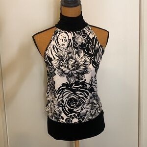 Black & White Floral Halter Top | Keyhole Back | Stretch Trim | Size Small